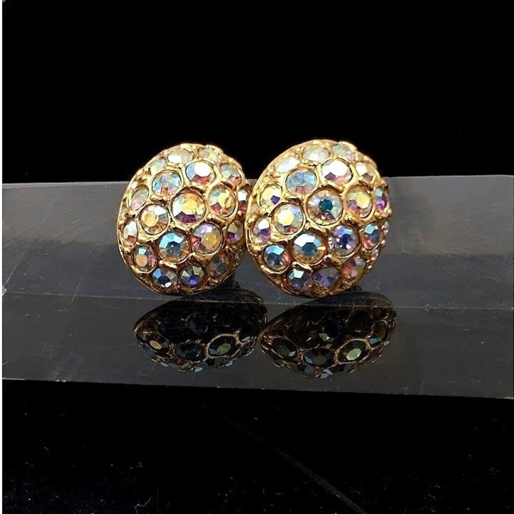 Swarovski AB Rhinestone Earrings Gold Tone Dome Iridescent Aurora Borealis VTG